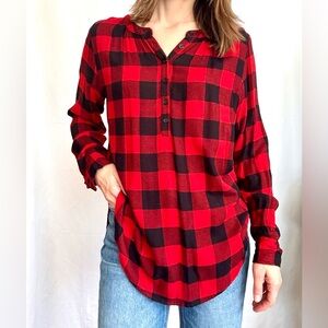 Red and Black Buffalo Check Long Sleeve Relaxed Button Down Tunic Size XS